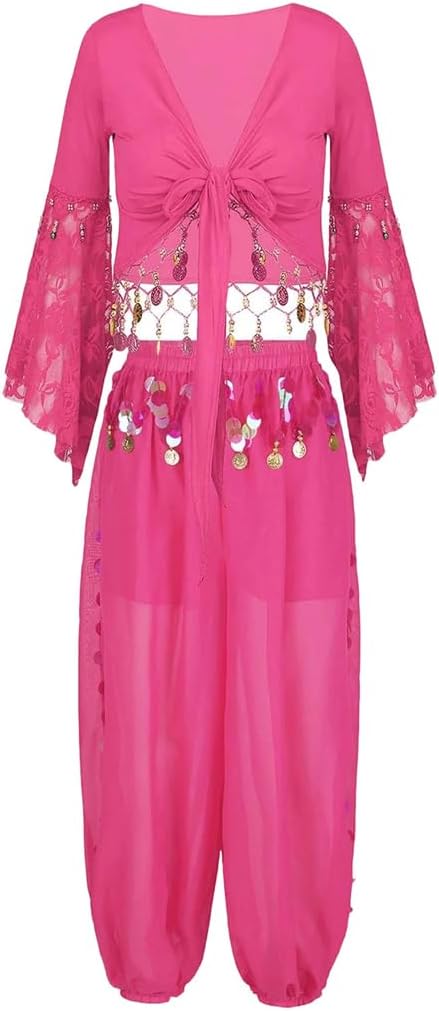 Women Belly Dance 2 Piece Lace Flare Sleeve Tassel Shawl Crop Top Sequin Pants Dance Set
