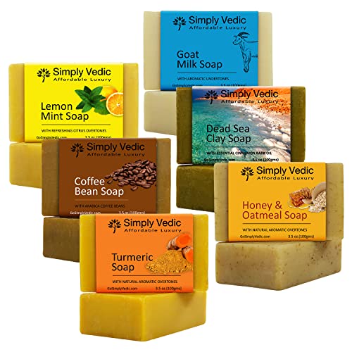 Simply Vedic 6-Pack Herbal Soap Bar Collection For Body, Hand, Face; Lemon+Mint, Spiced Coffee,Turmeric, Goat Milk, Dead Sea Clay, Oatmeal Honey Soap Cold Pressed Handmade (3.5 Oz. X 6) #TOP4