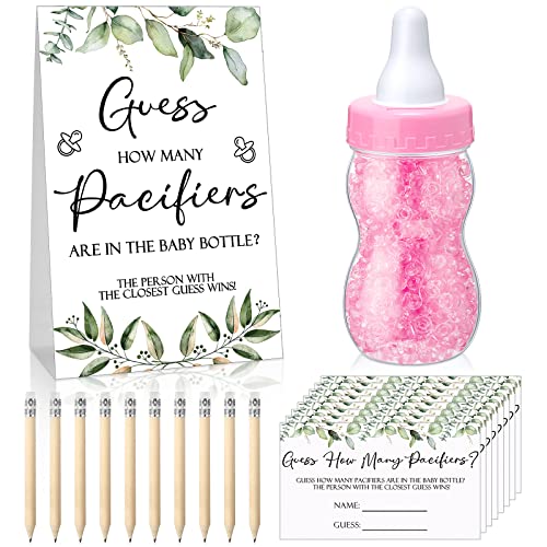 Image of Roowest 512 Pcs Baby Shower Games Guess How Many Pacifiers Sign 100 Small Guessing Games 10 HB Pencils 750ml Milk Bottle 400 Acrylic Pacifiers Decoration for Guest Gender Reveal(Pink,Plant)