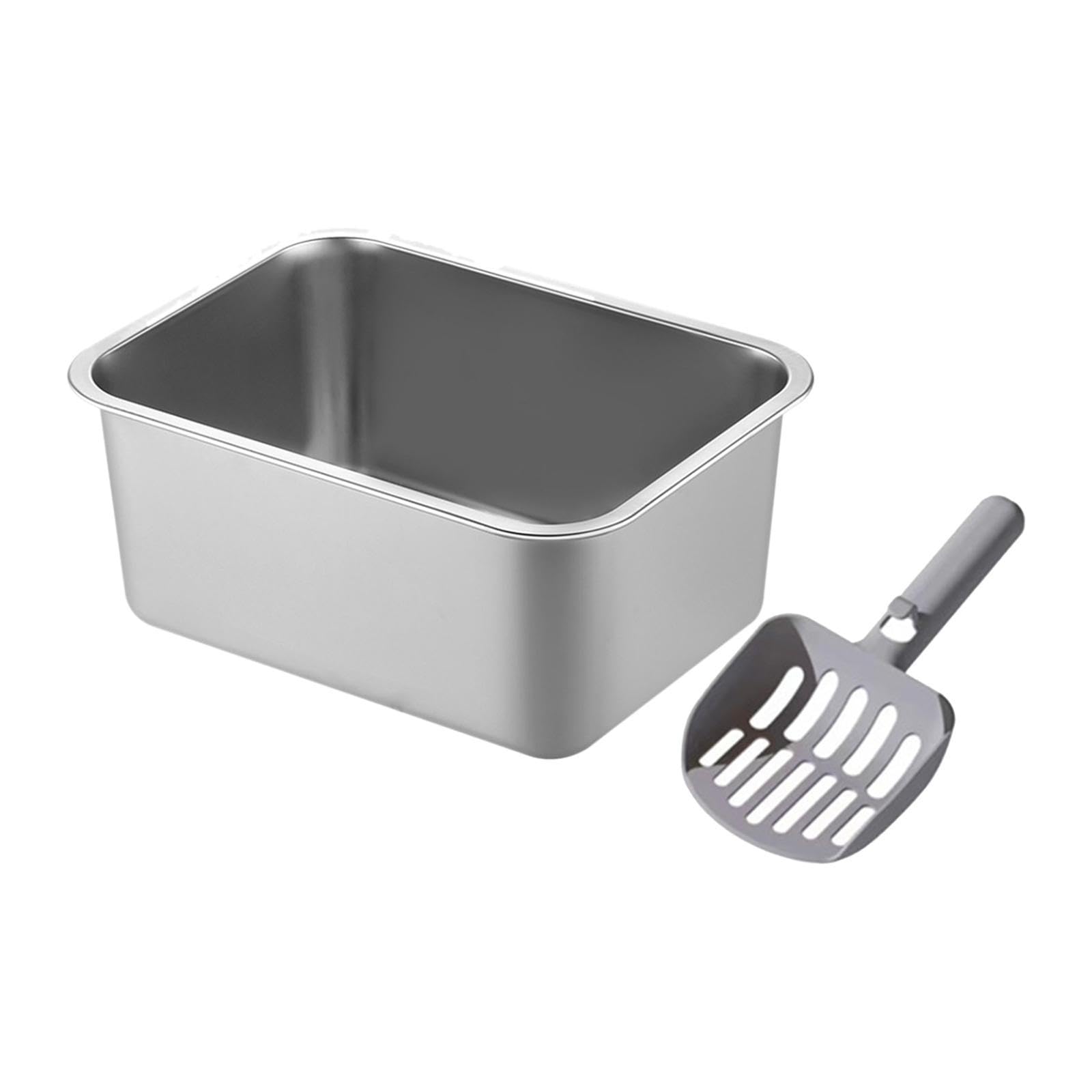 Bandeja de Arena para Gatos, Pala y arenero de Acero Inoxidable, Inodoro con Bordes Altos