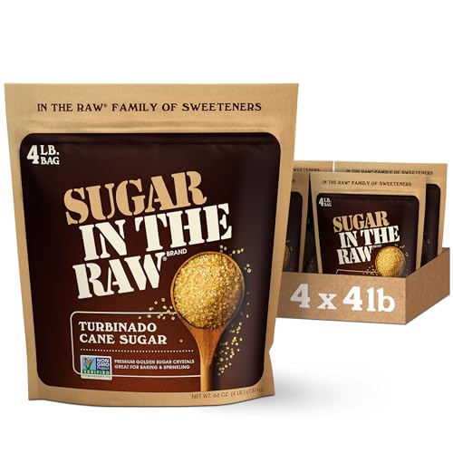 Sugar In The Raw Granulated Turbinado Cane Sugar, 4 lb Bag, 4 Pack, Pure, All-Natural Turbinado Sugar, Non-GMO Project Verified, Kosher, Vegan and Gluten Free