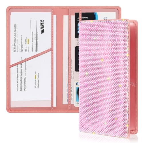 Honeydak Bling Sparkly Car Accessories for Women Pearl Rhinestone Car Registration and Insurance Holder Personal Vehicle Registration Organizer for Card License Gift for Valentine's Day(Pink)