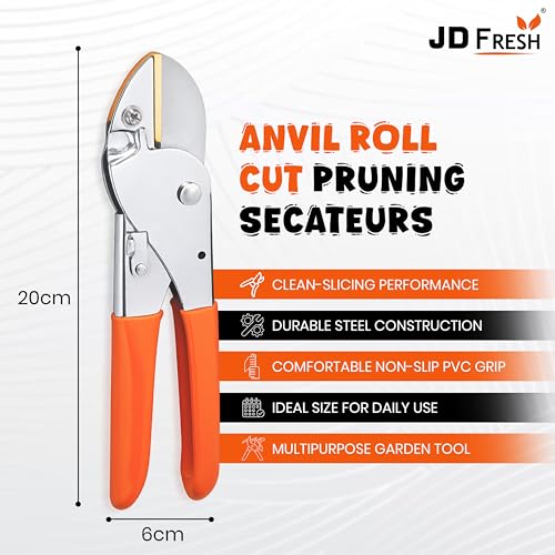 Image of JD FRESH Anvil Roll Cut Pruning Secateurs 8 Inch, Alloy Steel Blade Plant Cutter, Garden Pruning Shears for Dry & Hard Branches, Stems, Shrubs & Flowers with Safety Lock, Anti Slip Handle, Orange