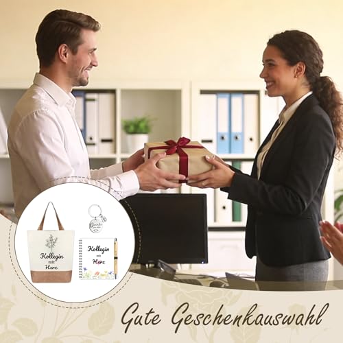 Abschied Kollegin, Abschiedsgeschenk Kollegin Jobwechsel, Abschiedsgeschenk Kollegen, 4-teiliges Geschenkset mit Tragetasche Notizbuch Kugelschreiber & Schlüsselanhänger, Geschenk für Kollegen
