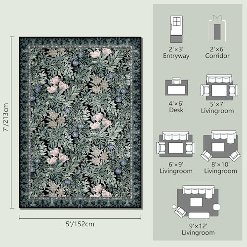Image of Washable Area Rugs 5x7 Black Green Vintage Floral Botanical Pattern,Perfect for Living Room, Bedroom, Kids Room, Nursery - Stain & Water Resistant Non-Slip, Pet & Child Friendly /Bedroom Decor