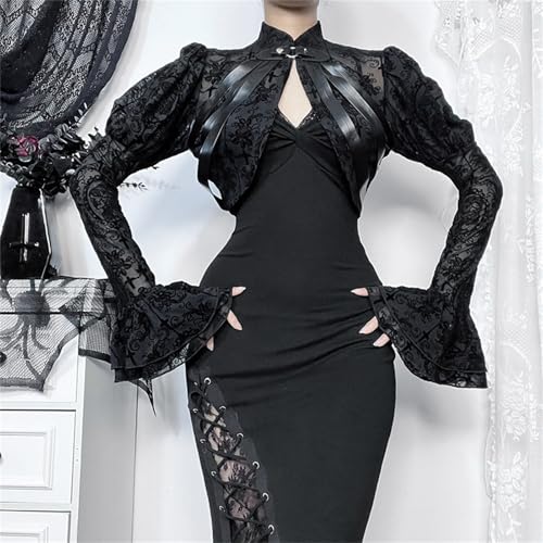 Image of Women Gothic Crop Top Shirt Y2K Black Bell Sleeve Shawl Cardigan