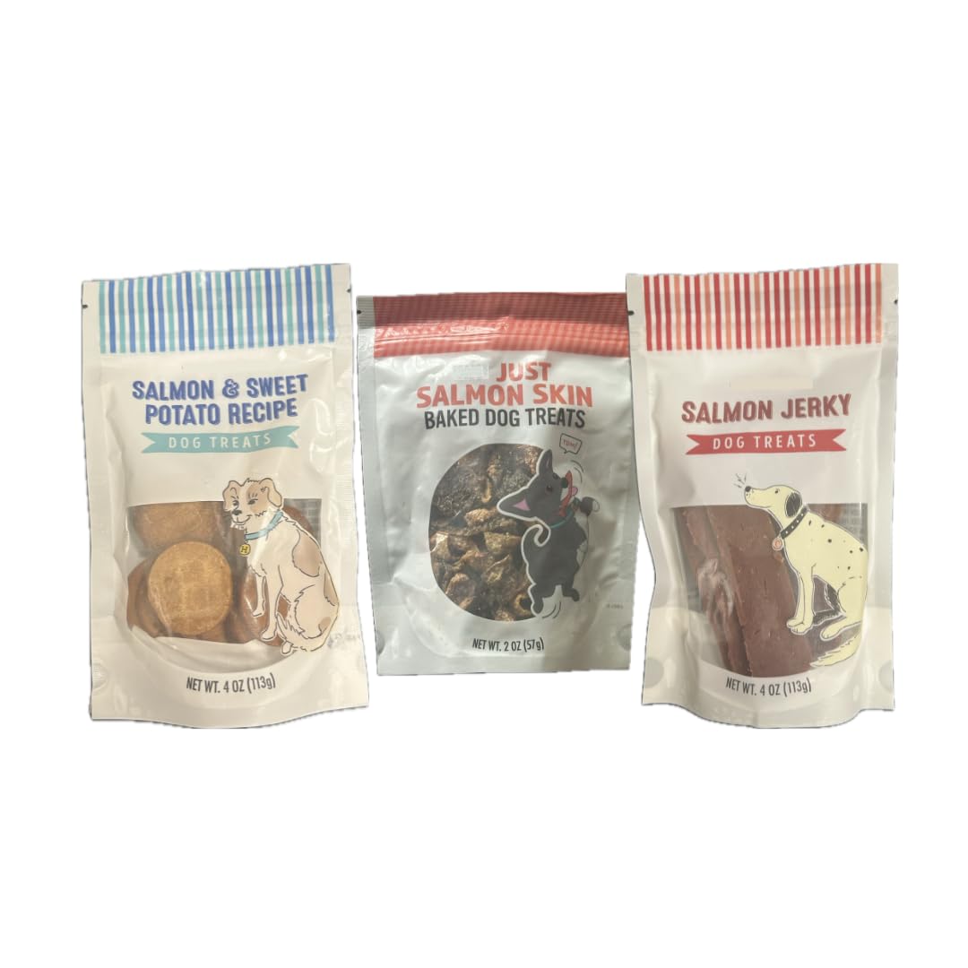 Trader Js Salmon Dog Treats (10 oz, Variety - Salmon Jerky, Salmon and Sweet Potato & Just Salmon Skins)