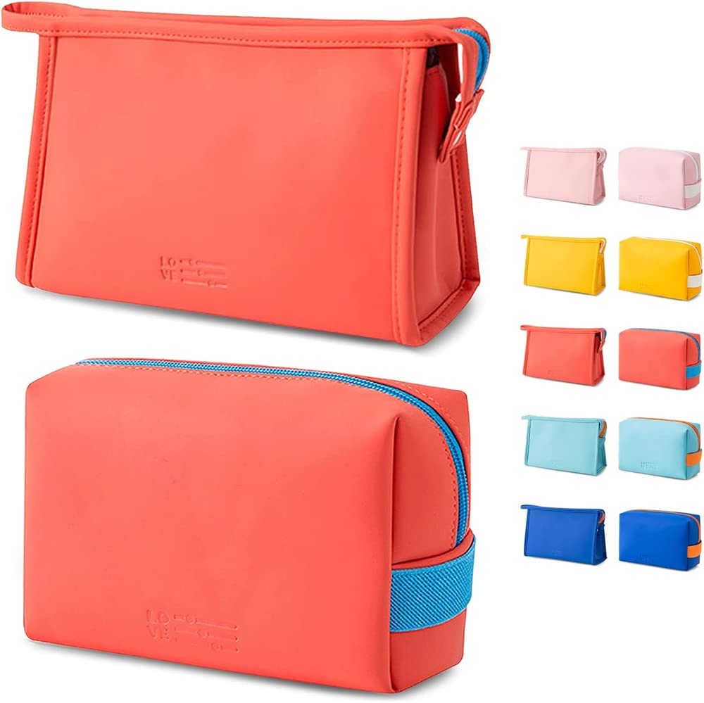 SYOSI 2 PCS Cosmetic Bag, Portable Storage Bag, Washable Cosmetic Bag, Small Travel Toiletries for Women Girls, PU leather Waterproof Zipper Pouch, Accessories Organizer, Pencil Case (Orange)
