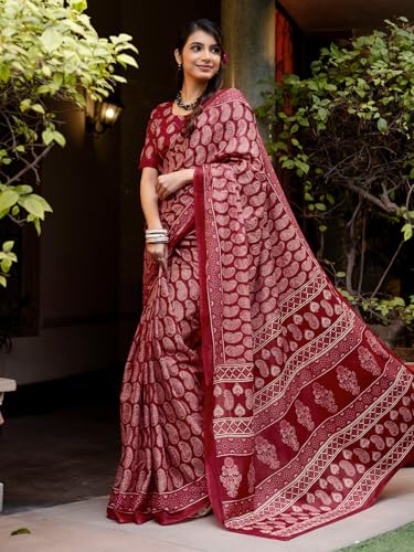 Image of SIRIL Women's Printed Mul Cotton Saree with Unstitched Blouse Piece