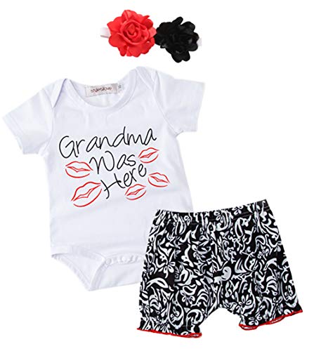 Styles I Love Baby Girls Grandma was Here Cotton Romper with Shorts and Headband 3pcs Summer Outfit (Short Sleeve, 80/3-6 Months)