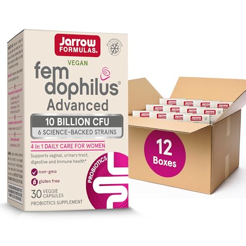 Image of Jarrow Formulas Fem-Dophilus Advanced Probiotics 10 Billion CFU with 6 Science-Backed Strains, for Vaginal, Urinary Tract, Digestive, and Immune Support, 30 Veggie Capsules, Shelf-Stable, Pack of 12