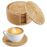6pcs Natural Handmade Rattan Coasters with Holder - Wicker Drink Coasters Set for Protecting Table, Housewarming Gifts Boho Home Decor