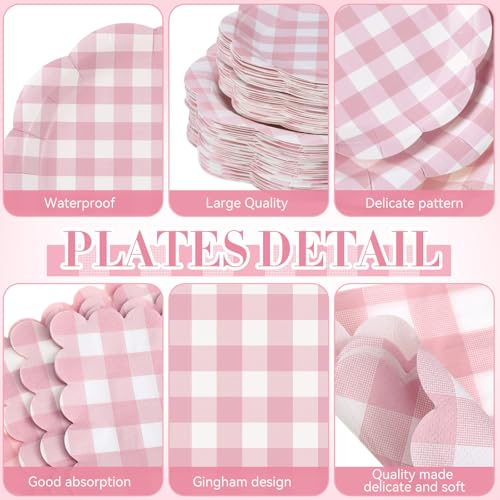 Image of Funnymoom 452 Pcs Pink Gingham Party Supplies for 50 Guests, Pink Gingham Paper Plates Napkins Cup Tablecloth Disposable Tableware for Wedding Bridal & Baby Shower Party BBQ Picnic Birthday Decoration