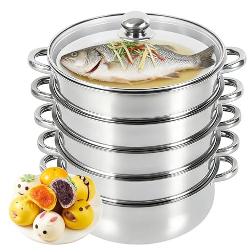 Vaporera Acero Inoxidable con Tapa Vristal, Olla Presión Verduras Grande Hogar 5 Capas Duradera, Ollas Vaporera Cocinar Vapor Cocinar Vapor Steamer Cooking para Cocinar Verduras Mariscos Sopas Guisos