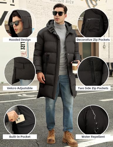 CMTOP Chaqueta Hombre Invierno Largo Cálido Acolchado Algodón Abrigo Casual Elegante Parka con Capucha Gruesa Cremallera Viento Chaquetón Impermeable al Aire Libre Abrigos(Gris Oscuro, M) - imagen 3