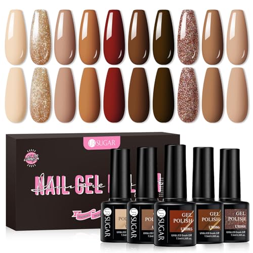 UR SUGAR Smalto Semipermanente Unghie Marrone, 10 Colori Marrone Arancione Nudo Smalti Semipermanenti per Unghie, Smalti Gel per Unghie UV LED Autunno e Inverno Manicure Set