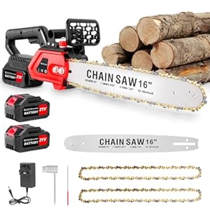 16" Electric Chainsaw, 1800W Brushless Cordless Chainsaw, 21V Powerful Battery Chainsaws with 2 Rechargeable Batteries, 2 Chains & Chain and Guide Bar, 21,000 RPM Handheld Chain saws for Wood Cutting