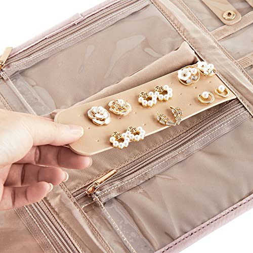 Nishel Travel Jewelry Organizer Roll, Transparent Foldable Case For Necklaces, Earrings, Rings, Bracelets, Watch, Pink #TOP4