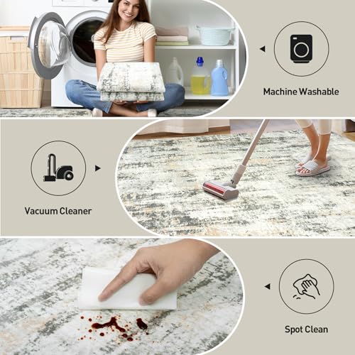 8x10 Area Rugs Washable Rug: Modern Abstract Living Room Rug Soft Anti-Skid Thin Carpet Indoor Floor Non-Shedding Carpets for Bedroom Dining Room Farmhouse Nursery Home Office Grey Brown