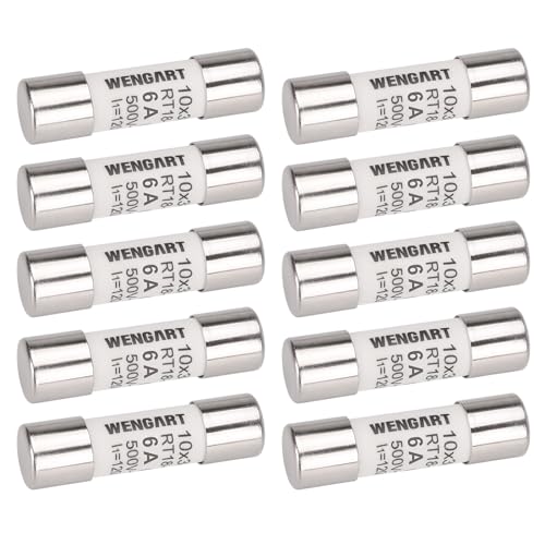 Wengart Inserto fusibile a cilindro AC RT18-32 (RO15), 10 pezzi, 10 x 38 mm, AC500V, 6A 120 kA, forte capacità di commutazione, può proteggere in modo affidabile il circuito