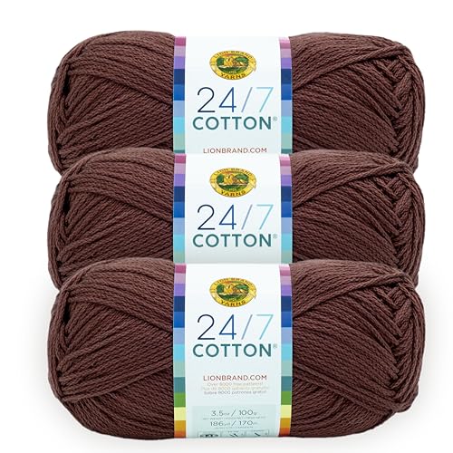 Image of Lion Brand 24 /7 Cotton Yarn, Yarn for Knitting, Crocheting, and Crafts, Coffee Beans, 3 Pack | Light Worsted 100% Mercerized Cotton Yarn for Crochet, Knitting, Craft, 185 Yards of Natural Fiber for Tees, Bags, Dishcloths
