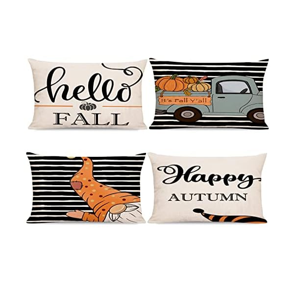Artmag Fall Throw Pillow Covers 12x20 Inch Hello Fall Gnome Pumpkin Happy Autumn Pillow Covers for Fall Thansgiving Holiday Decor Decoration