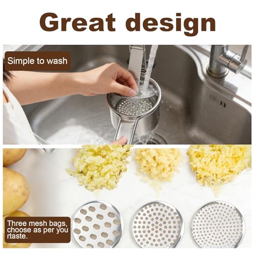 15oz Potato Ricer with 4 Plates - Heavy Duty Stainless Steel Masher for Silky or Chunky Potatoes, Carrots & Food. Dishwasher Safe & No-Slip Grip - Thumbnail 6