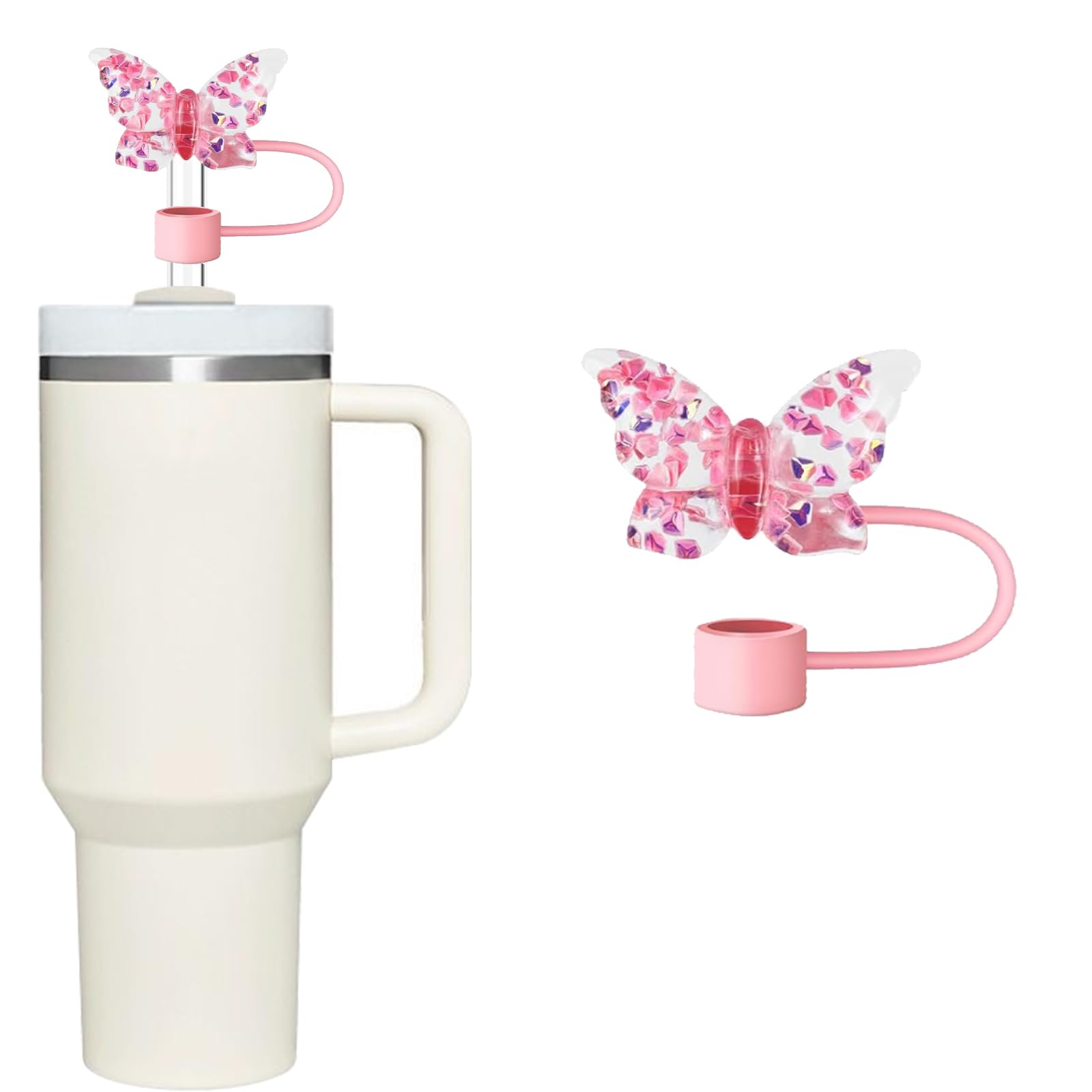 Pink Butterfly Straw Cover for Stanley 40&30 Oz Cup, 10mm Silicone Straw Covers Cap for Stanley Cup Accessories, Cute Straw Topper for Tumblers, Straw