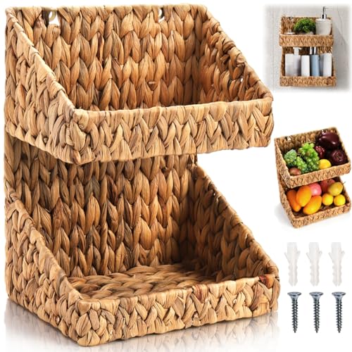 Image of Pumtus 2-tier Handwoven Storage Basket, Water Hyacinth Standing Rack, Kitchen Countertop Organizer, Hanging Bathroom Basket, Fruit Vegetable Holder, Storage Shelf for Home Organization