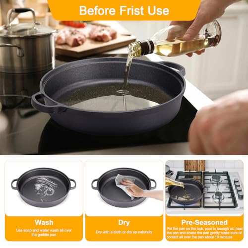 Warmiehomy Cast Iron Griddle Pan,35cm Pre-Seasoned Non-Stick Grill Pan,Round BBQ Skillet with 2 Handles for Gas Induction Hob,Flat Surface - Image 5