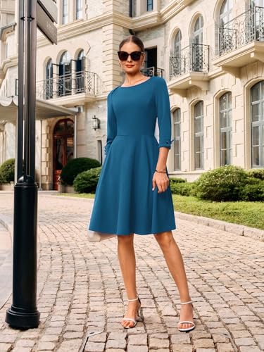Image of GRACE KARIN Work Dresses for Women 2025 3 /4 Sleeve Fit and Flare Business Midi Dress Classy Office Dresses with Pockets