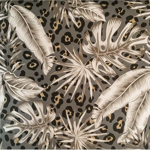 YöL Tropical Leopard Choc Wallpaper - Animal Print Botanical Leaves - 10.05m x 53cm Roll - Paste The Wall Washable - Feature Statement Wall - Taupe Grey Monstera - Bedroom Living Room Lounge