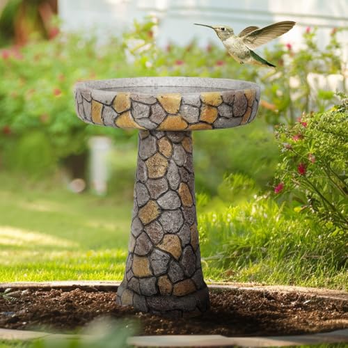 FlowLuxe Outdoor Concrete Bird Bath - 24" H * 18.8" Φ Mosaic Stone Design BirdBath Perfect for Adding Interest to Garden, Patio, Backyard, Porch and Deck