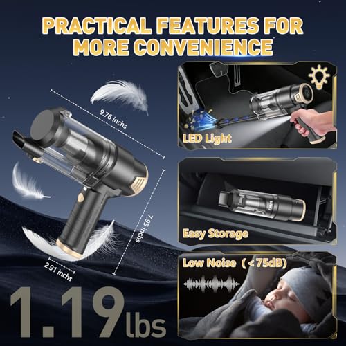 Image of KMM Handheld Car Vacuum Cleaner, 16000PA Air Duster & Vacuum Cleaner, 120W High Power Hand Held Vacuum Cordless, Portable Vacuum Rechargeable with Multi-Nozzles & LED Light for Car, Home, Pet, Office