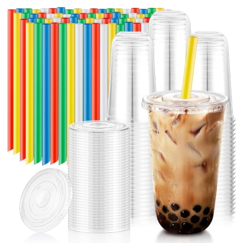 KesaPlan 50Pack 18oz Clear Plastic Boba Cups with Lids and Colorful Straws
