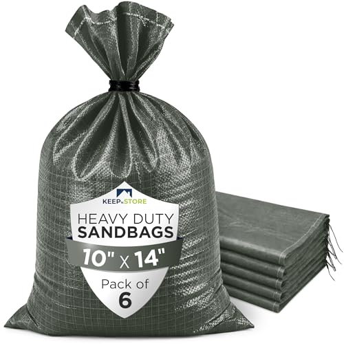 Heavy Duty Sand Bags Pack of 6, Army Green Empty Sandbags with Built-In Ties, Woven Polypropylene UV Protection 1600 Hours, Fillable Bags for Flood Control, Weight, 10x14 inches, 15 Pounds Volume