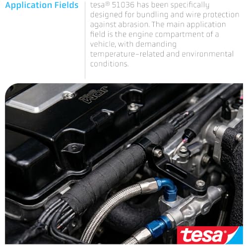 Image of 2 Tesa 51036 PET Cloth High Heat Electrical Tape for Wire Harness, Cables for Automotive Engine, Protect Against High Temperature, Abrasion, Chemical & Fluid | Flame Retardant | Black