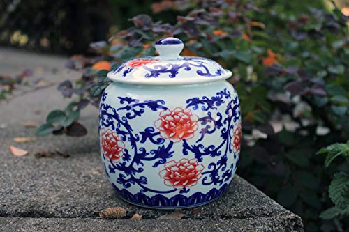 Ancient Chinese Style Blue And White Porcelain Helmet-Shaped Temple Jar (Medium Size Floral Red And Blue) #TOP3