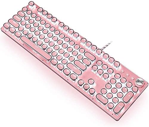 CC MALL Gaming Keyboard,Retro Punk Typewriter-Style, Blue Switches, White Backlight, USB Wired, for PC Laptop Desktop Computer, for Game and Office, Stylish Pink Mechanical Keyboard (Round Keycaps)