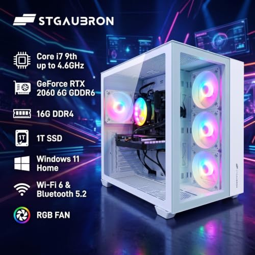 Image of STGAubron Gaming PC Desktop,Core I7 9th,RTX 2060 6G,16GB DDR4,1TB SSD | Gaming Computer Tower for Streaming,Video Editing,Home,School,I7 up to 4.6GHz,ARGB Fan,WiFi 6,BT 5.2,4K DP,HDMI,Win11 Home