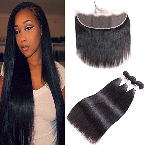 Brazilian Human Hair 3 Bundles Straight Hair With Lace Frontal With Baby Hair(24 26 28 + 22), 8A Unprocessed Brazilian Straight Virgin Remy Hair Weave Weft With 13x4 Ear To Ear Frontal, Natural Color