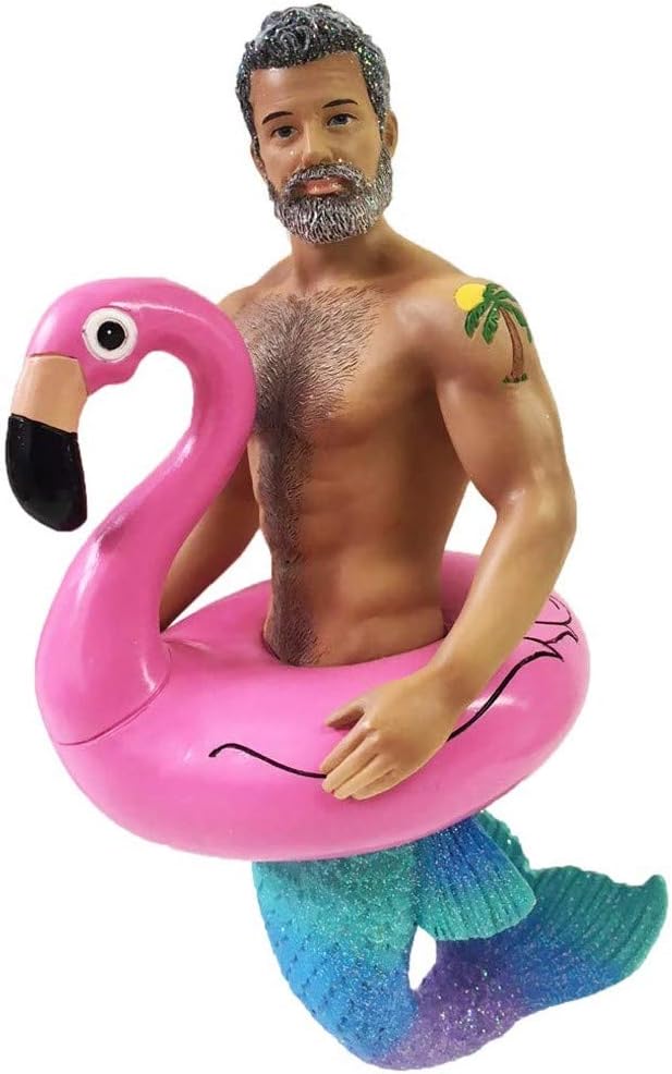 December Diamonds Flaming Oh! Merman Christmas Ornament, Resin Holiday Decoration with Flamingo Float, 6.5 Inch