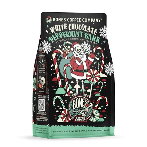 Bones Coffee Company White Chocolate Peppermint Bark Flavored Coffee, Medium