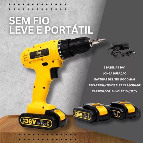 Furadeira e Parafusadeira Portátil Sem Fio a Bateria 36V + Kit Maleta com acessórios 24 peças - 110/