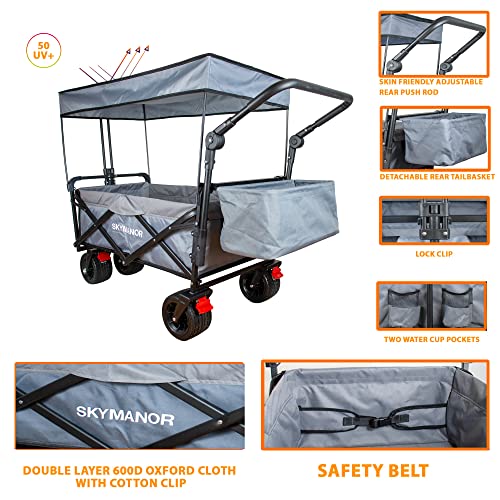 Skymanor Collapsible Wagon Folding Garden Cart With Removable Canopy Utility Wagon Cart With All-Terrain Wheels Brake Beach Cart For Sand Heavy Duty Beach Wagon For Camping (Light&Dark Gray Splicing) #TOP3