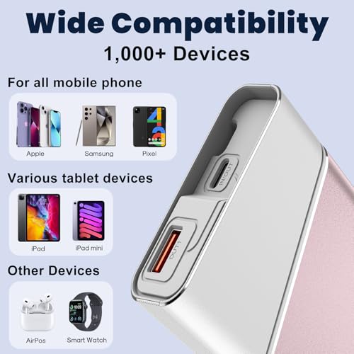 Image of Aaoyun Portable Charger Power Bank, 20000mAh 22.5W PD Fast Charging Powerbank with Built-in USB C Cable, External Phone Battery Pack for iPhone 17 /16 /15 Samsung S24 Android etc, Pink