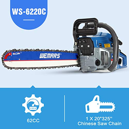 WEMARS 62cc Gas Chainsaw 20 Inch Power Chain Saws 2 Stroke Handed Petrol Chainsaws Gasoline Chain Saw Garden Tool for Cutting Wood Outdoor Home Farm Use