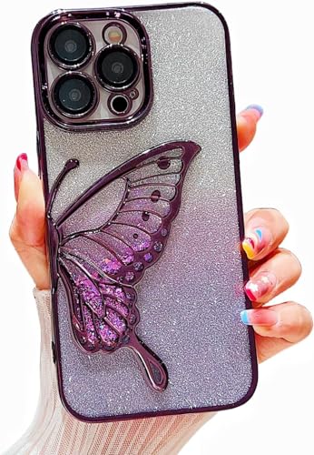 Image of mobistyle Silicone Designed for iPhone 13 Pro Cover with Glitter Cute Butterfly Electroplate Plating Design Back Cover Case for Women Teen Girls (Purple)
