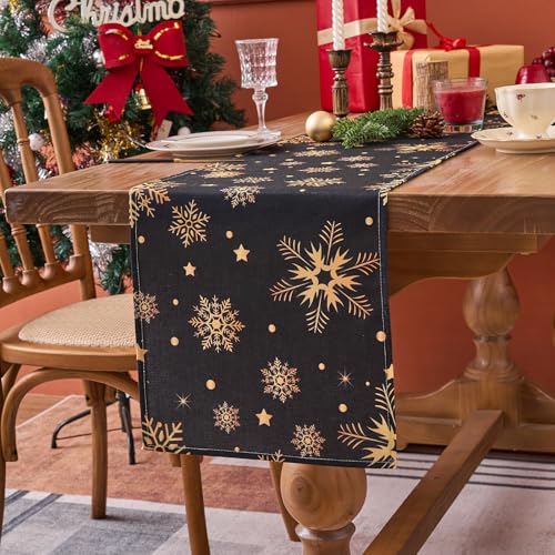 Tischläufer Weihnachten Schwarz Goldenen Schneeflocken Tischläufer...
