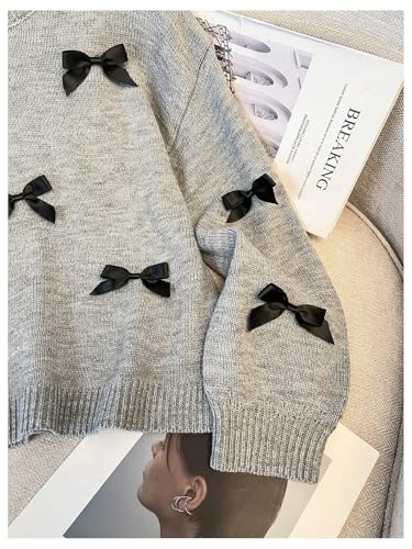 MakeMeChic Girl's Bow Sweater Crew Neck Long Sleeve Drop Shoulder Cute Pullover Top4